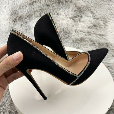 Black suede 12cm pointed toe stiletto diamond chain high heels