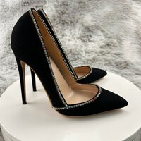 Black suede 12cm pointed toe stiletto diamond chain high heels - Thumbnail 6