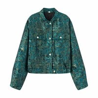 Retro style metallic line textured stand collar long sleeve jacket - Thumbnail 1