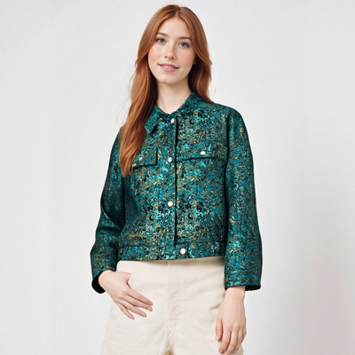 Retro style metallic line textured stand collar long sleeve jacket