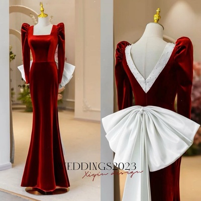 Red square collar long sleeves ivory satin and velvet with removed bow prom dress  - Thumbnail 2