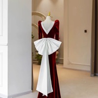 Red Square collar Long Sleeves Ivory Satin and Velvet with Removed Bow Prom Dress  - Thumbnail 2