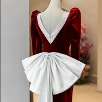 Red Square collar Long Sleeves Ivory Satin and Velvet with Removed Bow Prom Dress  - Thumbnail 3