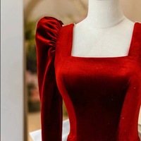 Red Square collar Long Sleeves Ivory Satin and Velvet with Removed Bow Prom Dress  - Thumbnail 4