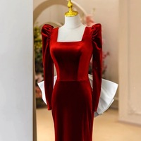 Red Square collar Long Sleeves Ivory Satin and Velvet with Removed Bow Prom Dress  - Thumbnail 6