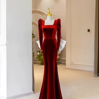 Red Square collar Long Sleeves Ivory Satin and Velvet with Removed Bow Prom Dress  - Thumbnail 1