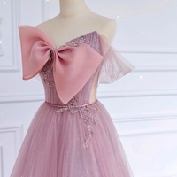 Pink Bow Tulle Strapless Floor Length with Blet Lace up Back Prom Dress - Thumbnail 3