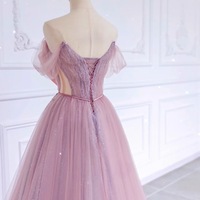 Pink Bow Tulle Strapless Floor Length with Blet Lace up Back Prom Dress - Thumbnail 4