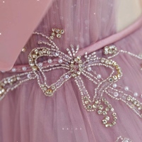 Pink Bow Tulle Strapless Floor Length with Blet Lace up Back Prom Dress - Thumbnail 1