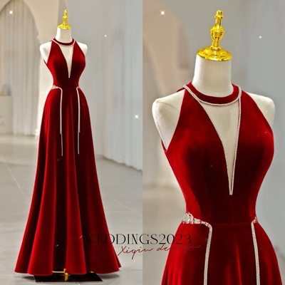 Red halter deep v neck beading backless back velvet floor length prom dress