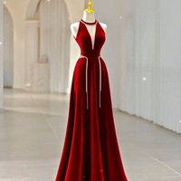 Red Halter Deep V neck Beading Backless Back Velvet Floor Length Prom Dress - Thumbnail 1
