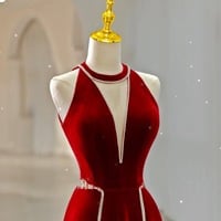 Red Halter Deep V neck Beading Backless Back Velvet Floor Length Prom Dress - Thumbnail 2