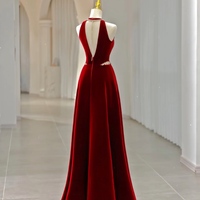Red Halter Deep V neck Beading Backless Back Velvet Floor Length Prom Dress - Thumbnail 3