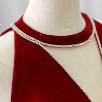 Red Halter Deep V neck Beading Backless Back Velvet Floor Length Prom Dress - Thumbnail 4