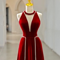 Red Halter Deep V neck Beading Backless Back Velvet Floor Length Prom Dress - Thumbnail 5