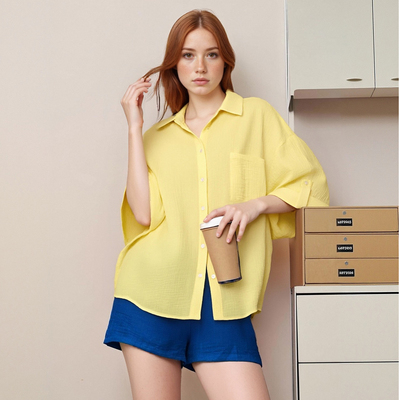 Loose casual roll-up sleeve solid color shirt top