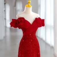 Red Strapless Sequined Sweetheart Neckline Lace up Back with Train Eveving Dress  - Thumbnail 3