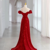 Red Strapless Sequined Sweetheart Neckline Lace up Back with Train Eveving Dress  - Thumbnail 2