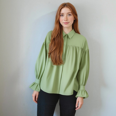 Drop shoulder pleated lapel patchwork flared sleeve shirt