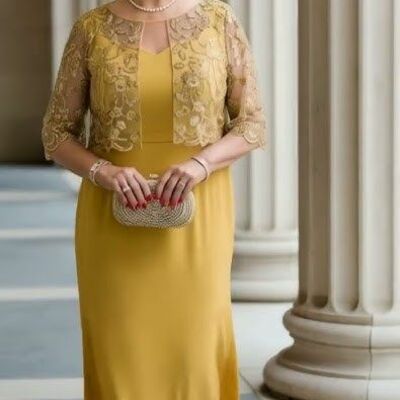 Yellow sheath plus size tea-length with lace jacket mother of bride /groom dresses evening formal gown