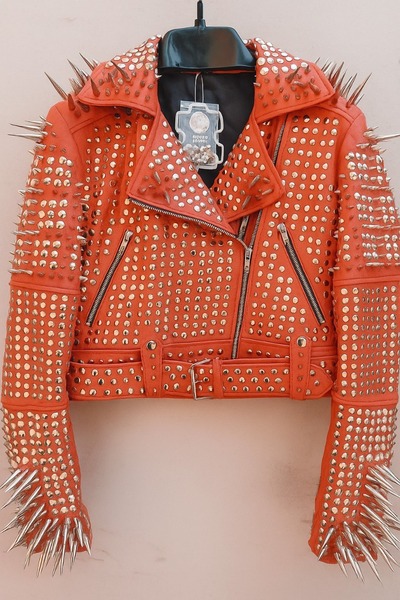 Crafted Leather Classy Women Orange Red Leather Studded Jacket with Silver Studs and Spikes