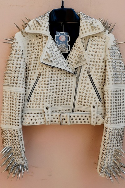 Crafted Leather Classy Women White Leather Studded Jacket with Silver Studs and Spikes