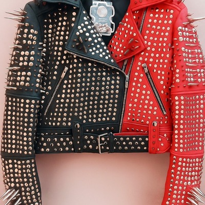 Crafted leather classy women two tone red black leather studded jacket with silver studs and spikes