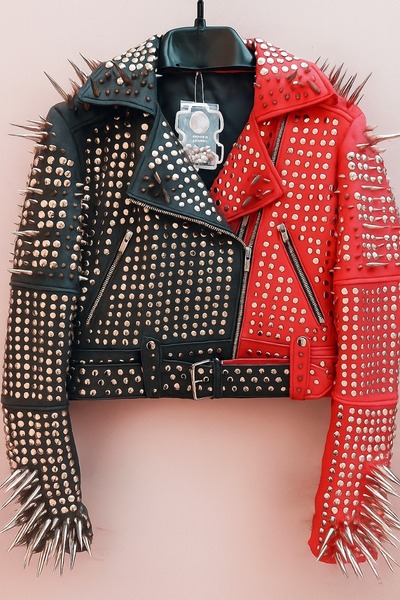 Crafted Leather Classy Women Two Tone Red Black Leather Studded Jacket with Silver Studs and Spikes