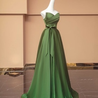 Green Sweetheart Neck A-line Satin with Belt Prom Dress - Thumbnail 1