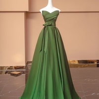Green Sweetheart Neck A-line Satin with Belt Prom Dress - Thumbnail 3