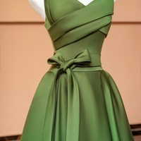 Green Sweetheart Neck A-line Satin with Belt Prom Dress - Thumbnail 5