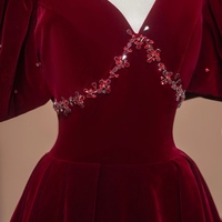 Burgundy V Neck Short Sleeves Backless Back Velvet Prom Dress - Thumbnail 2