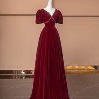 Burgundy V Neck Short Sleeves Backless Back Velvet Prom Dress - Thumbnail 3