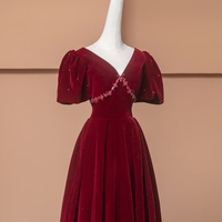 Burgundy V Neck Short Sleeves Backless Back Velvet Prom Dress - Thumbnail 4