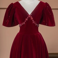 Burgundy V Neck Short Sleeves Backless Back Velvet Prom Dress - Thumbnail 5