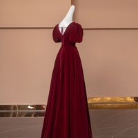 Burgundy V Neck Short Sleeves Backless Back Velvet Prom Dress - Thumbnail 1