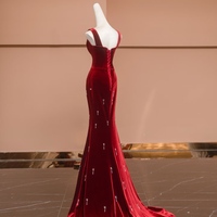 Custom Burgundy Velvet Evening Gown, Floor Length Prom Dress, Personalized Bridesmaid or Wedding Guest Dress  - Thumbnail 3