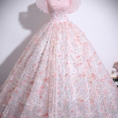 Beautiful pink tulle sequins long prom formal gown - Thumbnail 1