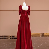 Red Velvet Short Sleeves Pearl and Bow Floor Length Backless Back Evening Dress - Thumbnail 3