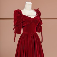 Red Velvet Short Sleeves Pearl and Bow Floor Length Backless Back Evening Dress - Thumbnail 5