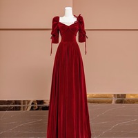 Red Velvet Short Sleeves Pearl and Bow Floor Length Backless Back Evening Dress - Thumbnail 6