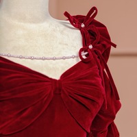 Red Velvet Short Sleeves Pearl and Bow Floor Length Backless Back Evening Dress - Thumbnail 4