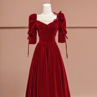 Red Velvet Short Sleeves Pearl and Bow Floor Length Backless Back Evening Dress - Thumbnail 2