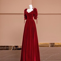 Red Velvet Short Sleeves Pearl and Bow Floor Length Backless Back Evening Dress - Thumbnail 1
