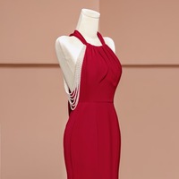Halter Satin Peral Mermaid Backless Back with Train Prom Dresses - Thumbnail 4