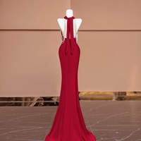 Halter Satin Peral Mermaid Backless Back with Train Prom Dresses - Thumbnail 5