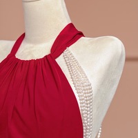 Halter Satin Peral Mermaid Backless Back with Train Prom Dresses - Thumbnail 1