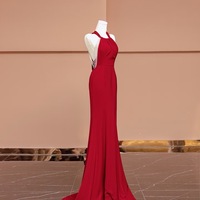 Halter Satin Peral Mermaid Backless Back with Train Prom Dresses - Thumbnail 2