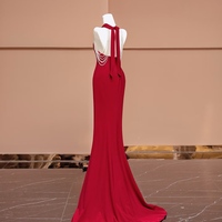 Halter Satin Peral Mermaid Backless Back with Train Prom Dresses - Thumbnail 3