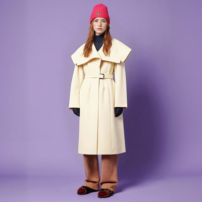 Fashionable loose and versatile belted lapel woolen coat